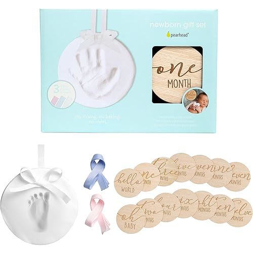 Pearhead Newborn Gift Set, Gender-Neutral Baby Gifts Box, 7 Wooden Monthly Milestone Discs, White Babyprints Clay Kit for Handprint or Footprint, Unisex, Boy or Girl