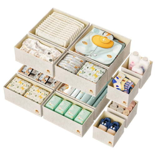 ZenStorage 12 Pack Drawer Organizer for Baby Clothes, Linen Fabric Nursery Organizer for Baby Diaper, Collapsible Deep Fabric Drawer Organizer with Zipper for Socks, Bra, Towels, Ties, Beige