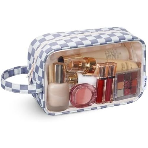 Narwey Checkered Clear Makeup Bag Cosmetic Bag with Zipper for Travel, Clear Toiletry Bags for Traveling Toiletries Wome Men, Make Up Pouch with Handle, Skincare Bag (Grayish Blue Checkerboard)
