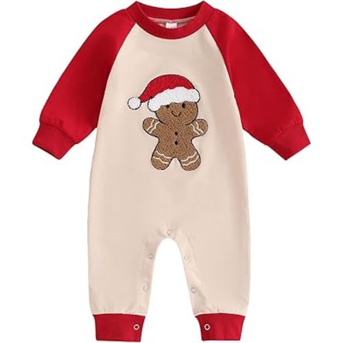 Lesimsam Unisex Newborn Baby Christmas Outfit Gingerbread Man Embroidery Long Sleeve Romper Jumpsuit Winter Clothes