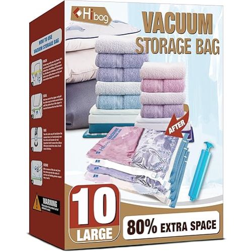 HIBAG Vacuum Storage Bags, 10 Large Space Saver Vacuum Seal Bags, Nylon & Polyethylene (PE) Material, Zipper Closure, Rectangular Shape, Durable, 10-Pound Load Capacity, For Bedding & Clothing