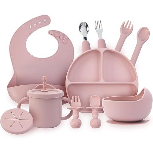 Baby Feeding Set, 13PCS Silicone Baby Self Feeding Set, Toddler Led Weaning Utensils Set with Suction Bowl and Plate, 3 Set of Baby Spoon and Fork, Adjustable Bid, Sippy Cup with Straw and 2 Lids