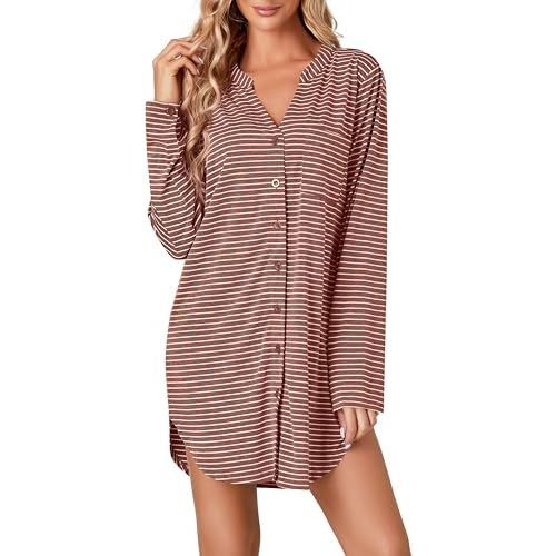 Vrtige Women's Striped Nightshirt Button Down Long Sleeve Nightdress Nightgown with Pocket