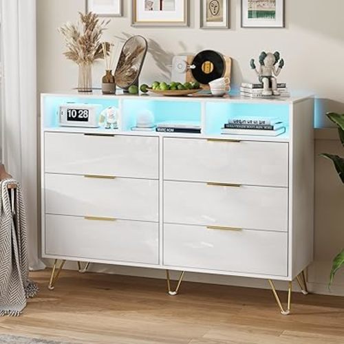 Dresser for Bedroom, 6 Drawer Dresser with Led Lights, Modern White Dresser with 3 Open Shelves, Wood Wide Chest of Drawers Storage Organizer, White Dresser with Led Lights