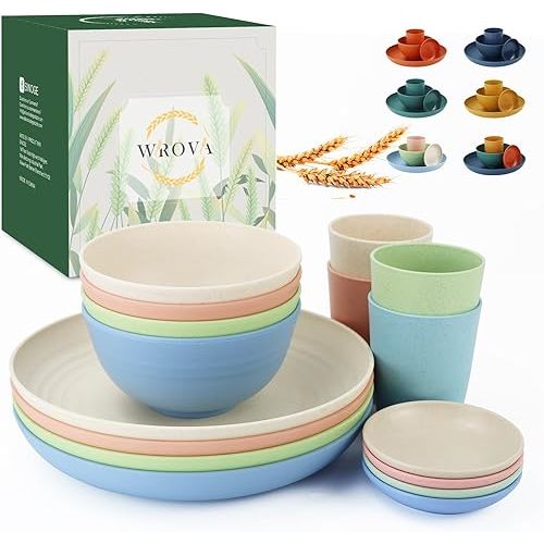 Wheat straw plates and bowls sets of 16 - Unbreakable wheat straw dinnerware sets for kids - Alternative plastic dinnerware set service for 4 - Microwave safe and Dishwasher safe bowls. Nordic