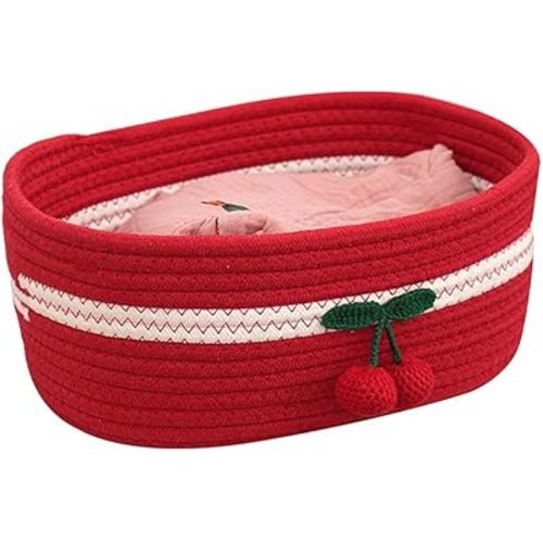 Rectangle Storage Basket Cotton Rope Woven Baskets for Organizing,Cute Cherry Basket for Kids, Baby Nursery,Cat Dog Toy Baskets,Organizer Bins for Shelves 11.8×10.6×4.3INCH