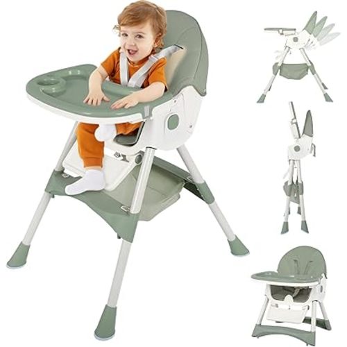 Baby High Chair, 3 in 1 Foldable Convertible Toddler Feeding Chair with Adjustable Height,Recline Positions & Removable Double Tray,Portable & Easy Clean