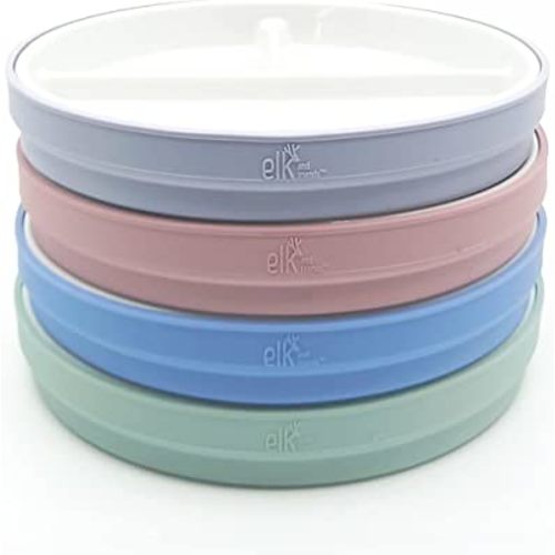 Elk and Friends 6.7" Kids Porcelain White Plates with Silicone Sleeves | Divided Plates | Suitable for Kids/Toddlers | Microwave & Dishwasher Safe | Non Slip | Snack Dishes