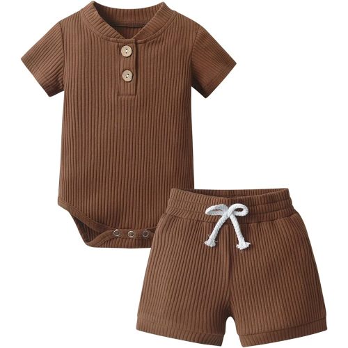 Derouetkia Summer Newborn Baby Boy Girl Clothes Solid Color Ribbed Romper and Shorts Outfits Set