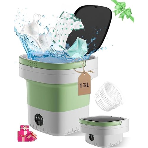 Portable Washing Machine, 13L Large Capacity Laundry Washer Cleaning for Underwear, Baby Clothes, Shirts,Small Delicates. Foldable Mini Washer and Dryer Combo for Apartment,Hotel,Camp,RV,Travel(Green)