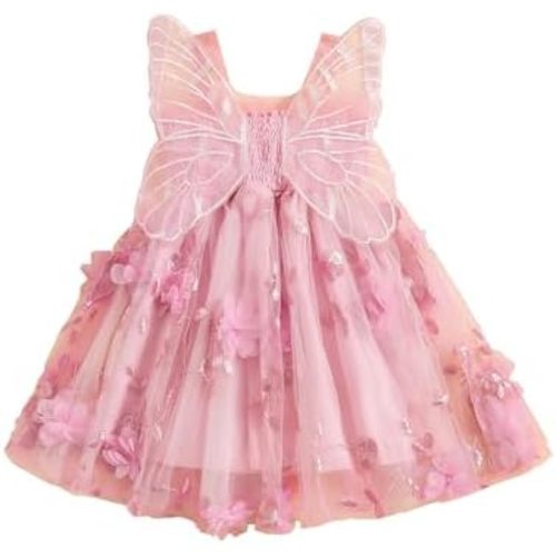 Toddler Baby Girl Fairy Butterfly Wings Princess Dress Sleeveless Mesh Flower Tulle Tutu Dress First Birthday Outfit