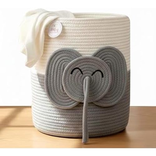 Large Laundry Basket for Kids & Toy Storage Organizer | Woven Cotton Rope Bin for Clothes & Stuffed Plushies | Cute Animal Design Hamper with Cutout Handles for Nursery, Playroom & Living (Elephant)