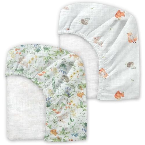 Muslin Crib Sheets 2 Pack - 100% Cotton Soft Breathable Fitted Crib Sheet for Baby Boys Girls, Snug Fit Standard Crib Mattress 52"x28", Woodland Friends