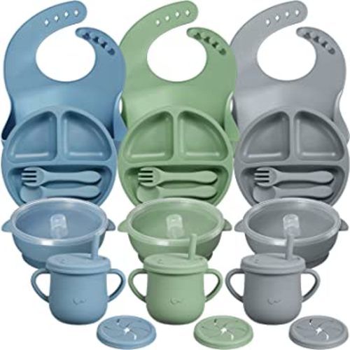 3 Sets Baby Led Weaning Supplies, Silicone Baby Feeding Set with Divided Plate Adjustable Bib Suction Bowl with Lid Snack Cup Soft Spoon Fork, Toddler Self Eating Utensil (Blue, Green, Gray)