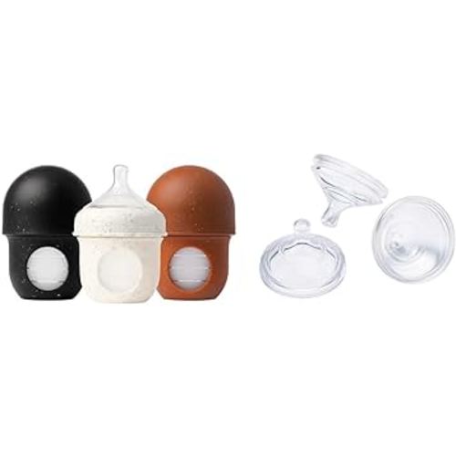 Boon Nursh Reusable Silicone Baby Bottles with Pouch - Stage 1 Slow Flow - 4 Oz - 3 Count + Extra Slow Silicone Nipples 3 Pack