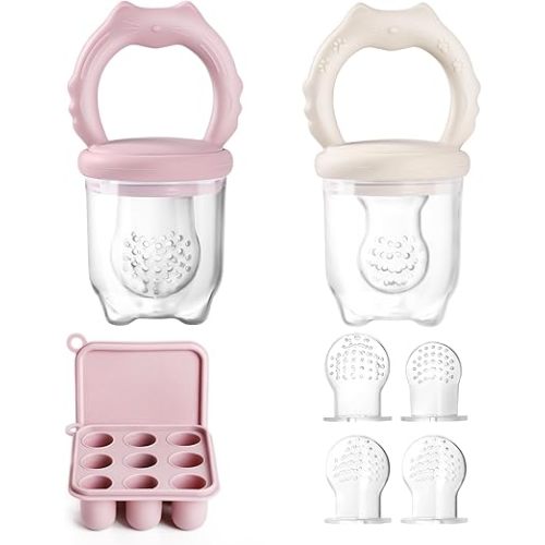 2 Silicone Baby Food Feeders & 1 Baby Food Freezer Tray & 4 Extra Pouches- Safe Introduction to New Foods, Frozen Milk & Puree - Ideal for Infants and Toddlers (Ice Cream Pink)