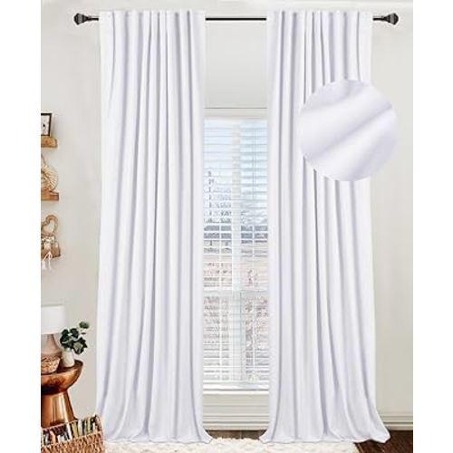 100% White Blackout Shield Linen Blackout Curtains for Bedroom 84 Inches Long,Back Tab/Rod Pocket Living Room Drapes,Thermal Insulated Textured Blackout Curtains 2 Panels Set,50"W x 84"L,Bright White
