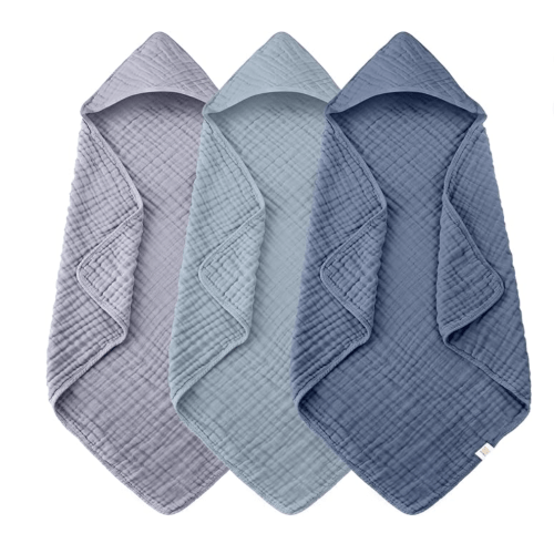 Ease Cubs 3-Pack Muslin Hooded Baby Towels, 100% Cotton, Ultra-Soft & Absorbent Baby Bath Towels with Hood for Babies, Infant, Toddler and Newbron (Grey and Navy Blue Series,32" x 32")