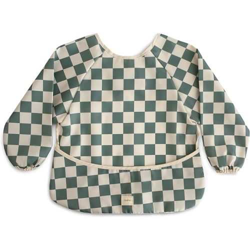 mushie Long Sleeve Baby Bib | Mess Free & Waterproof Fabric for Toddlers | Adjustable Fit for Ages 6-24 Months - Olive Check