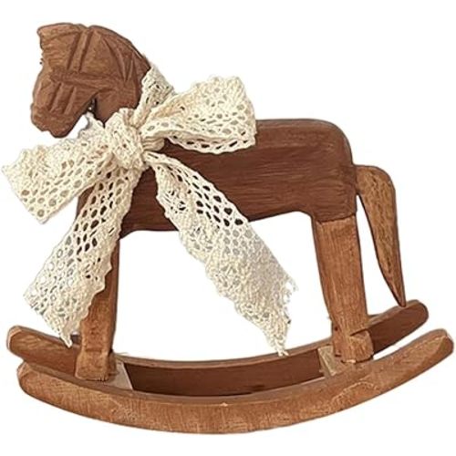 MagiDeal Wooden Horse Figurine Rocking Horse Statue with Ribbon Decorative Unique Collectible Holiday Season Ornament Table Decoration, C Lace Ribbon