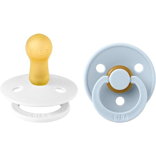 BIBS Pacifiers Colour Collection | Natural Rubber Baby Pacifier | Set of 2 BPA-Free Soothers | Made in Denmark | 6+ Months (Pack of 2) | Baby Blue/White