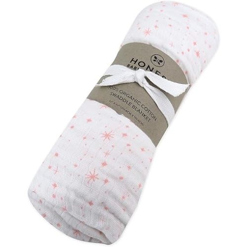HonestBaby Organic Cotton Swaddle Blankets, Twinkle Star Pink, One Size