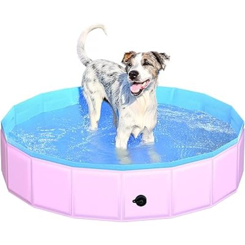 2025 Updated Foldable Dog Pool, 39.5" x 12" Kiddie Pool with Hard Plastic, Non-Slip Dog Bath Tub for Outdoor Backyard, Collapsible Dog Swimming Pool for Kids Dogs Pets (Pink)