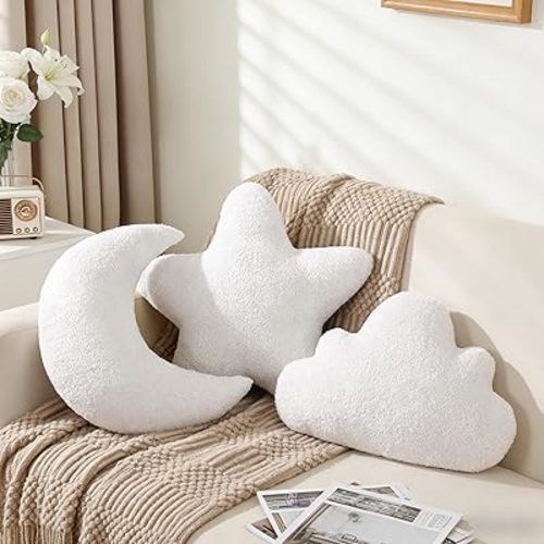 Cumule 3 Pcs Cloud Moon Star Throw Pillows 16 Inch White Soft Plush Pillow White Boho Nursery Decor for Couch Bed Sofa, Kids Room & Bedroom Aesthetic Decor