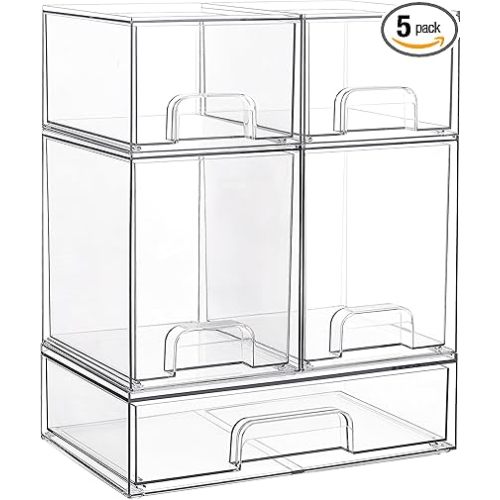 Vtopmart Stackable Storage Drawers Set of 5, Clear Plastic Organizer Bins for Baby Bottle, Beauty Supplies Storage, Ideal for Kichen Countertop, Vanity, Bathroom, Cabinet, Pantry Organization