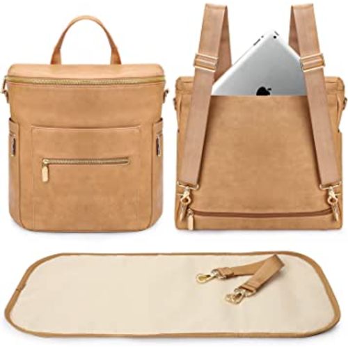 miss fong Diaper Bag Backpack Baby Diaper Bag, Large Leather Diaper Bag Backpack with 15 Pockets Diaper Bag Organizer, Changing Pad, Stroller Straps and 2 Insulated Pockets (Convertible, Peanut)