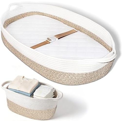 Baby Changing Basket with Diaper Caddy Changing Pad, Breathable & Waterproof Dual-Cover Foldable Portable Travel Cotton Rope Baby Changing Mat for Dresser & Table