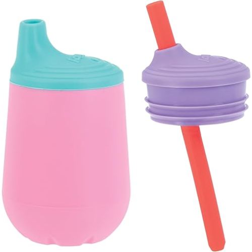 Nuby First Training Cup Set - Silicone Tumbler with Spout and Straw Combo - 4 oz - 6+ Months - Pink