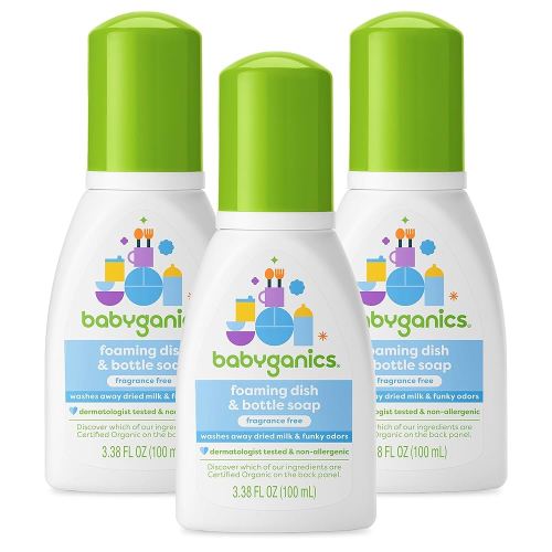 Babyganics Foaming Dish & Bottle Soap for Travel, Fragrance Free, Plant-Derived Cleaning Power, Removes Dried Milk, Packaging May Vary, 3.38 Fl Oz (Pack of 3)