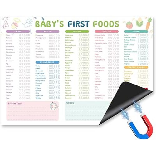 First Foods Tracker Fridge Magnet – Baby Feeding Chart & Daily Food Log, Dry Erase Reusable Checklist for Introducing Solids, 9x13 Inch