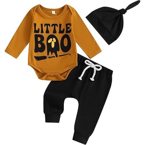 Newborn Baby Boy Halloween Outfits Little BOO Romper Ghost Bodysuit Pants Set Coming Home Outfits Ghost Clothes