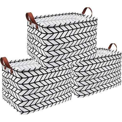 HIYAGON Rectangular Storage Basket,Fabric Collapsible Toys Storage Bin Organizer,Storage Boxes for Books,Shelves,Closet 3Pack(3 Grey Stripes)