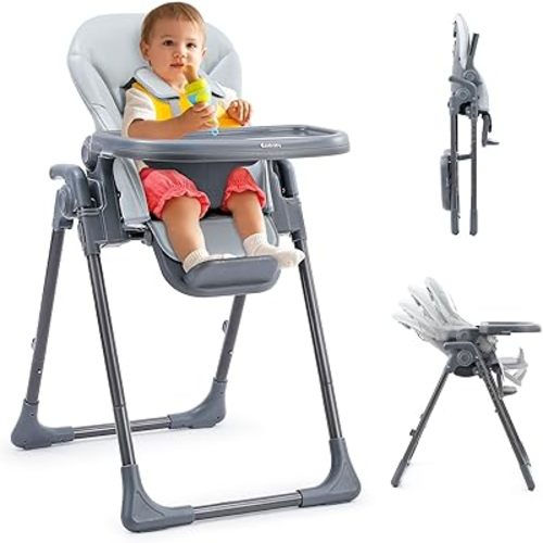 Ezebaby Foldable High Chairs for Babies and Toddlers, Portable Baby High Chair with Multiple Adjustable Seat Height, Backrest, Footrest, Detachable PUCushion&Tray, 2Back Wheels, Grey