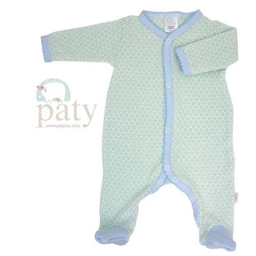 LS Footie with Straight Sleeve Mint w/ Blue Trim