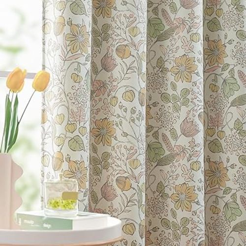 jinchan Blackout Curtains Yellow Floral Curtains for Bedroom Living Room, Cottagecore Botanical Farmhouse Room Darkening Drapes for Nursery Kids Room, Vintage Nature-Inspired Decor 84 Inch 2 Panels