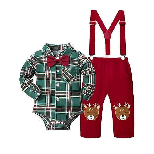 Oranchids Baby Boy Christmas Outfit My First Christmas Plaid Gentleman Romper + Reindeer Suspender Pants 0-12Months 2Pcs