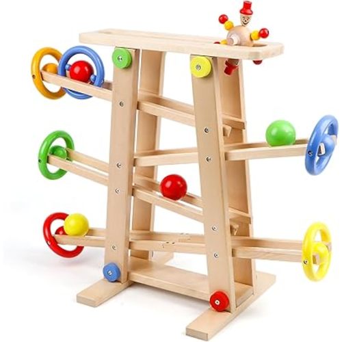 Qilay Wooden Wooden Race Track Toddler Toys for 1-3 Year Old Boy and Girl, Wooden Car Ramp Racer Toy Vehicle Set with 4 Balls & 5 Race Tracks, Great Educational Montessori Toys for Kids Boys Girls