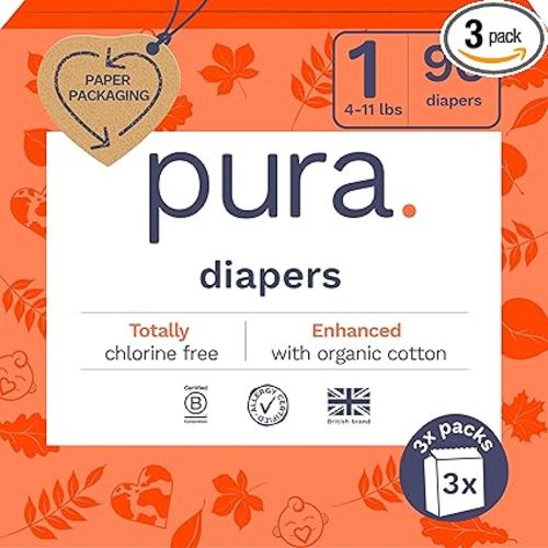 Pura Hypoallergenic Diapers, Size 1 (4-11lbs), Newborn, Totally Chlorine Free, Wetness Indicator, Suitable for Sensitive Skin, Soft Organic Cotton Comfort, Overnight, 3 Packs of 32 (96 Baby Diapers)