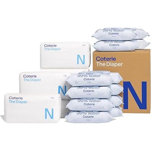 DIAPERS: Coterie Baby Diapers + Wipes Baby Kit, Size NB (186 Count) + 12 Wipe Packs (672 Wipes) Made with Plant Derived Fibers, Hypoallergenic, Designed for Sensitive Skin, Clean Ingredients