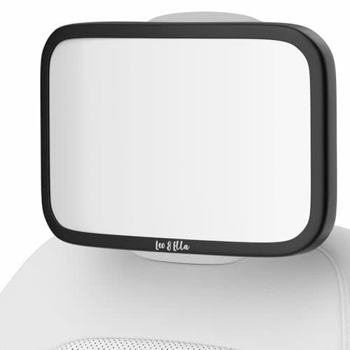 Leo and Ella - Tesla Fixed Headrest Baby Car Mirror, Extra Large Car Mirror For Baby, Shatterproof & Adjustable Safety Mount with Elastic Strap