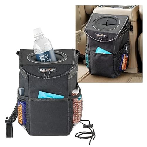 High Road StashAway Heavy Duty Car Trash Can with Rubber Lid, 3 Storage Pockets and Sturdy Panels for Stable Floor or Hanging Seatback Use (Black)