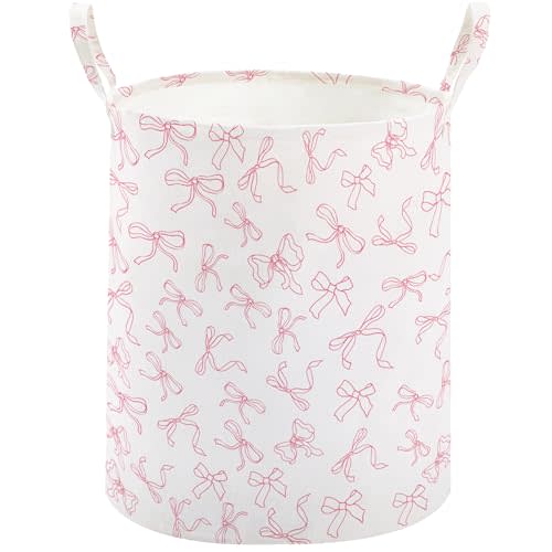 TECHMILLY Large Storage Basket for Girls and Boys, Collapsible Laundry Hamper with Long Handles, Toy Bins for Nursery, Kids Room Décor (Bowknot)
