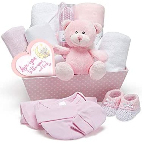 Baby Girl Pink Gift Hamper - with Fleece Wrap, Hooded Towel, Baby Clothes, 2 Muslin Cloths and Cute Teddy Bear