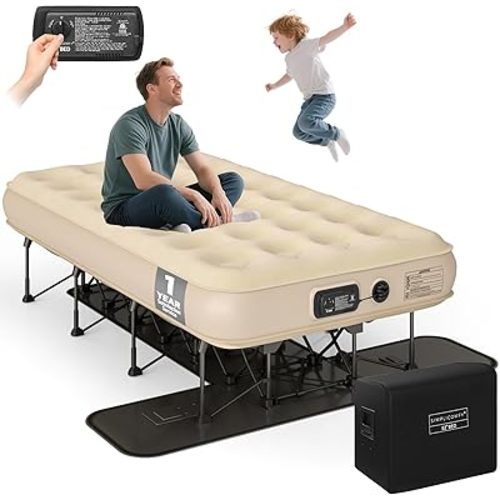 Simpli Comfy EZ Bed Twin Self-Inflating Air Mattress with Built-in Frame, Pump and Wheeled Case, Blow Up Inflatable Air Bed Perfect for Home, Guests, Travel, Vacation, Camping
