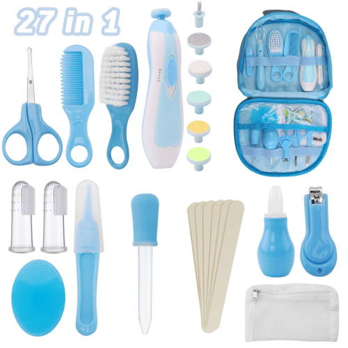 Yalumo Baby Healthcare and Grooming Kit, 27 in 1 Portable Baby Grooming Kit with Electric Nail Trimmer and Hair Brush Comb, Baby Essentials Cleaning Set for Newborn Nursery Infant Toddlers, Blue