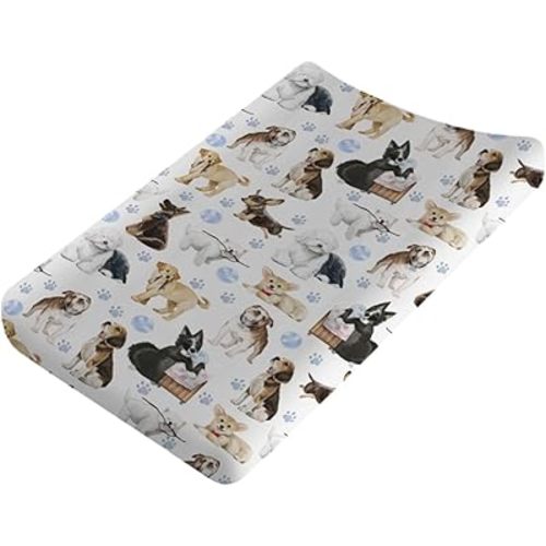 Cute Dogs Baby Changing Pad Cover Sheets for Boy Girl 32''x16'' Funny Dogs Paws Blue Fitted Diaper Changing Pad Table Mats Dogs Lovers Gift Comfort Soft Breathable Nursery Baby Changing Table Sheets